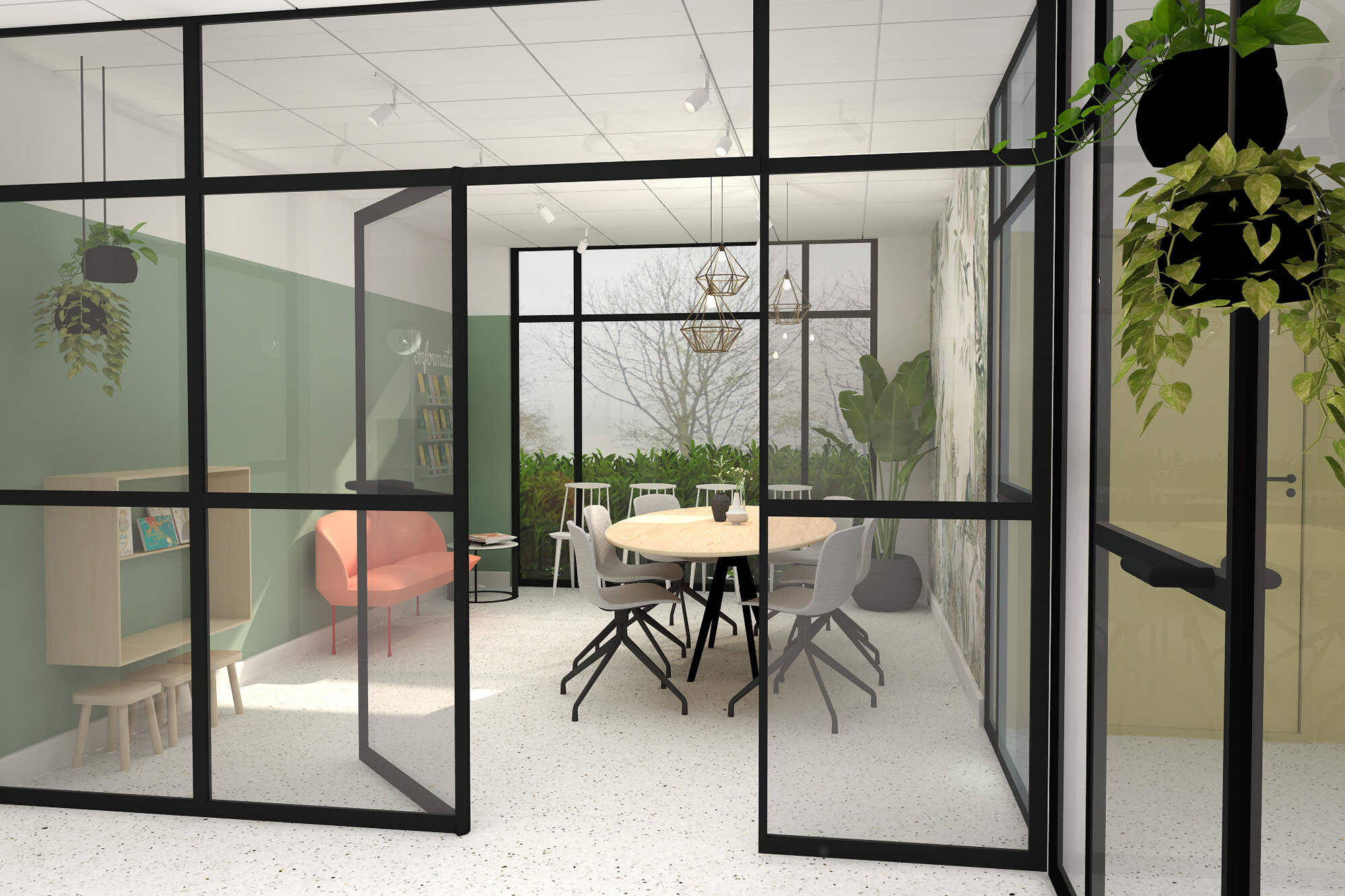 Wachtruimte ontwerp dokterspraktijk. Interieurconcept met zachte kleuren 