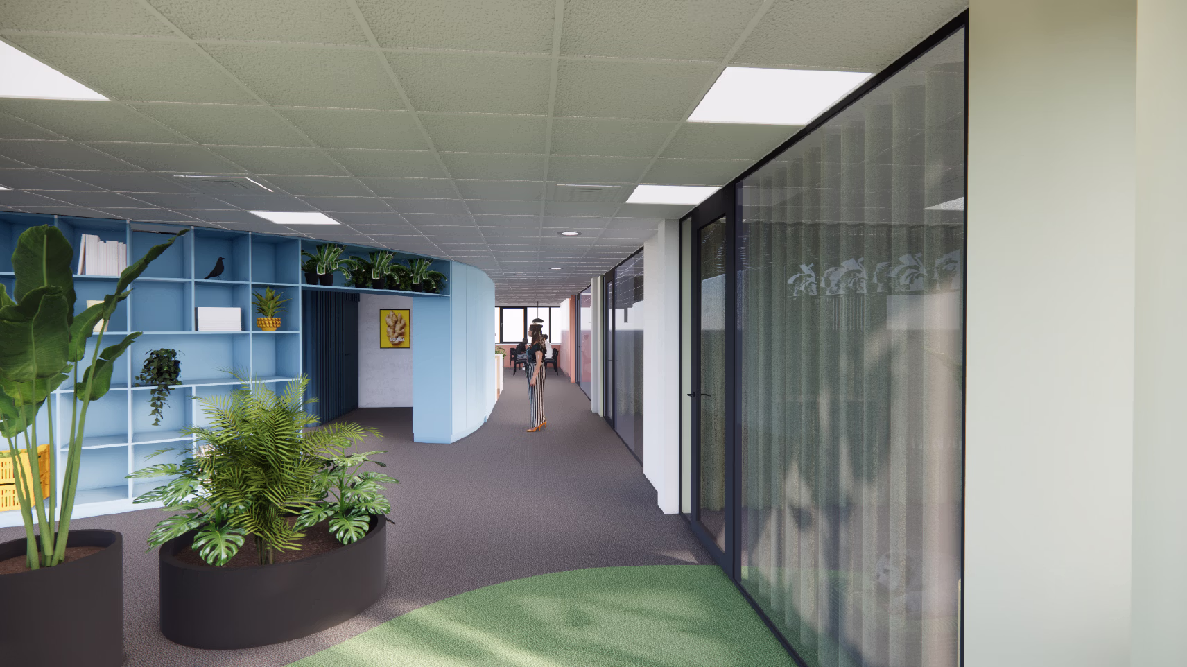 Zakelijk interieur ontwerp voor kantoorruimte met concentratie werkplekken en verhoging welzijn