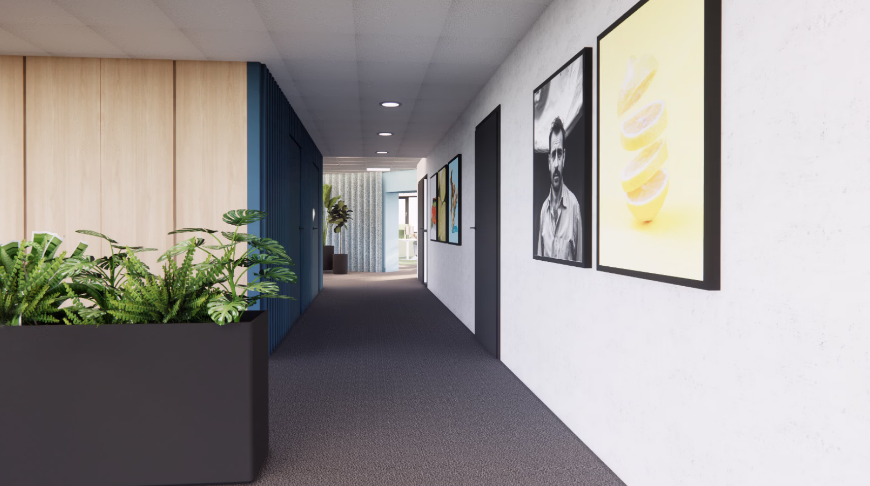 Zakelijk interieur ontwerp voor kantoorruimte met concentratie werkplekken en verhoging welzijn Kleurrijk kantoor design door kantoor inrichter met maatwerk meubilair