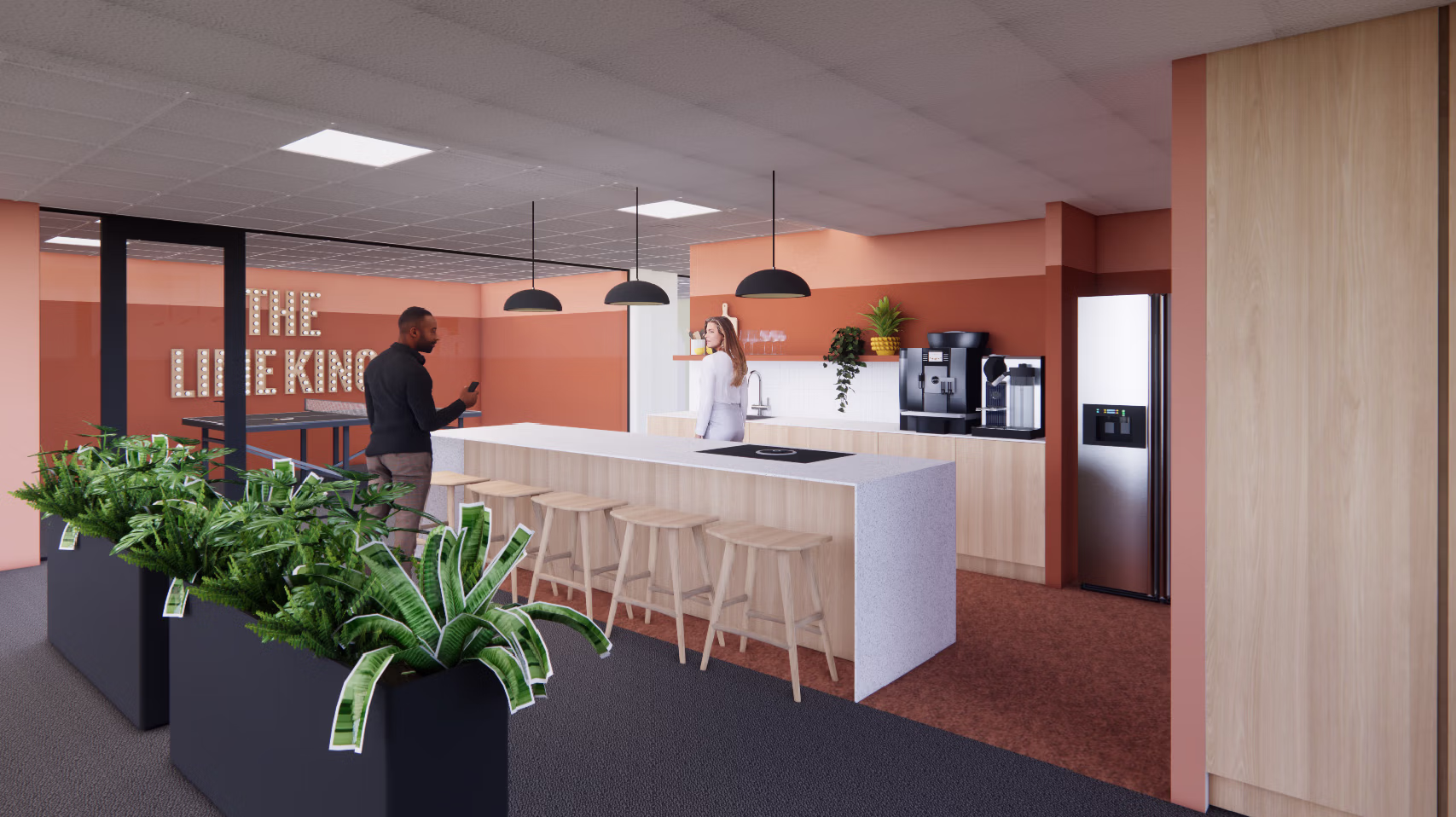 Kantoorontwerp voor kantoor inrichting met pantry voor samenwerking en verhoging welzijn.