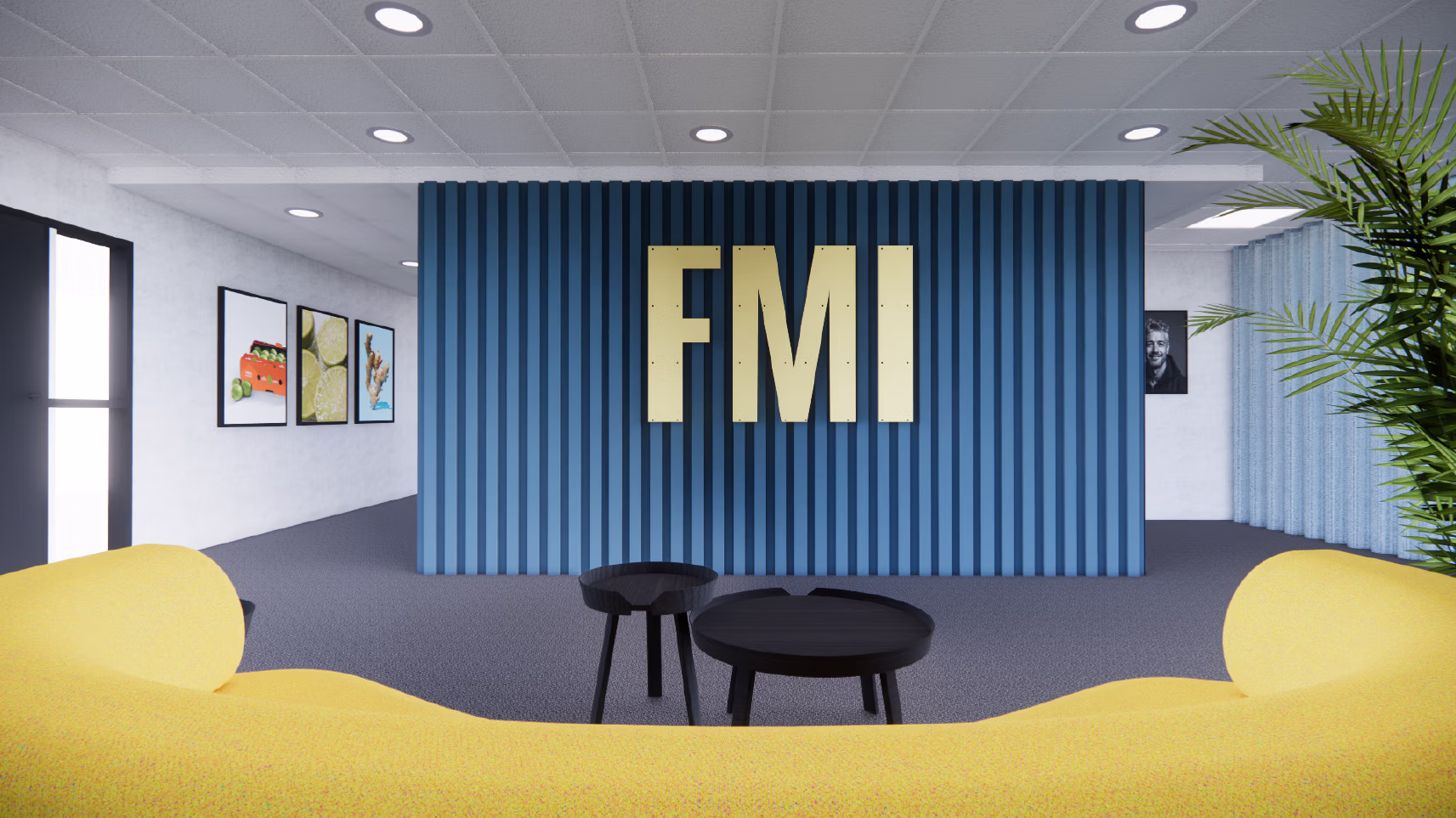 Projectinrichting van zakelijk interieur door interieurontwerper. Ontvangsthal in kleur