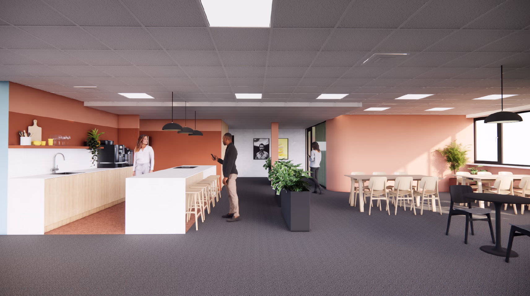 Zakelijk interieur ontwerp met kleurrijk lunchruimte. Kantoor design door interieurontwerper.