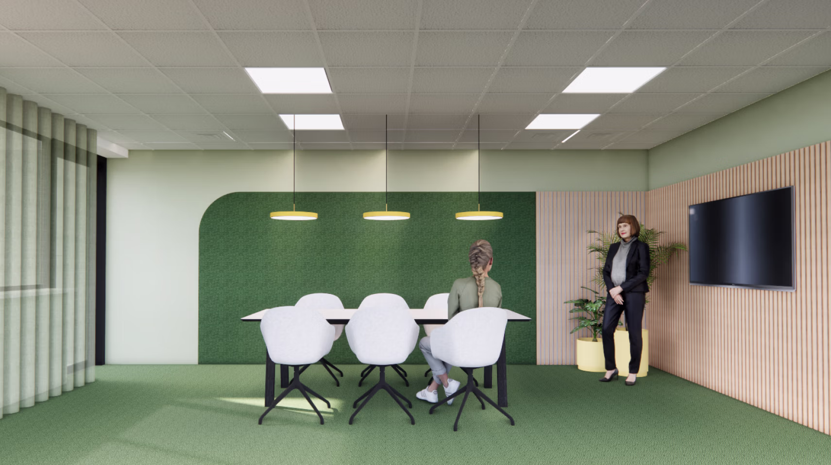 Kantoor inrichting met inspirerende vergaderruimte. Zakelijk kantoor ontwerp met akoestiek