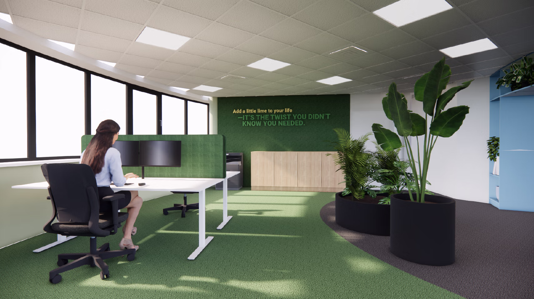 Zakelijk interieur ontwerp met functionele werkplekken, ergonomisch meubilair en inspirerende sfeer