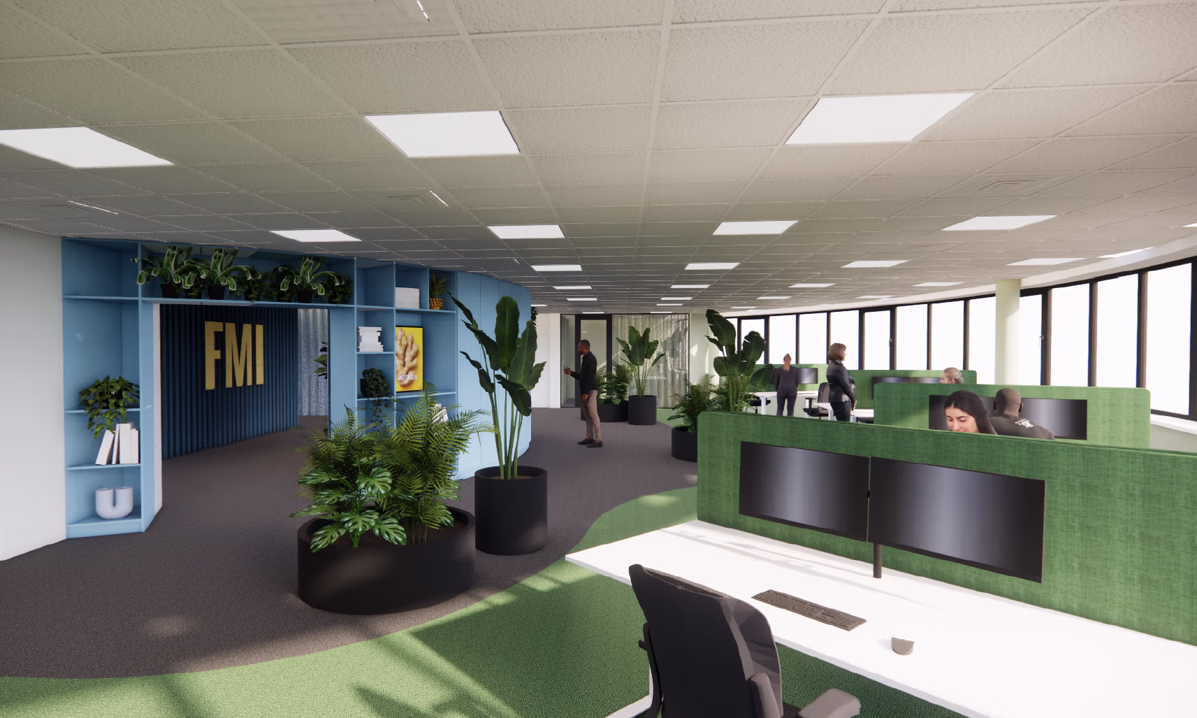 Kantoorinrichting met werkplekken die samenwerking en productiviteit stimuleren. Welzijn medewerkers