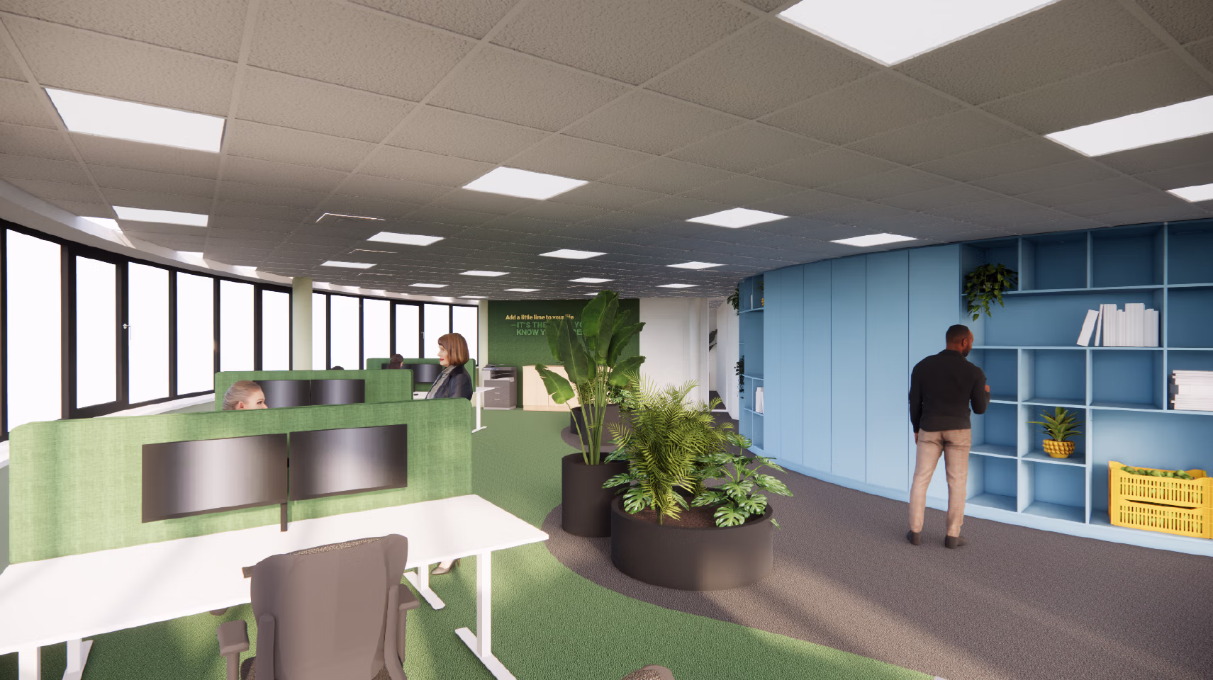 Moderne werkplekken in projectinrichting met functionele indeling en inspirerende kleuren