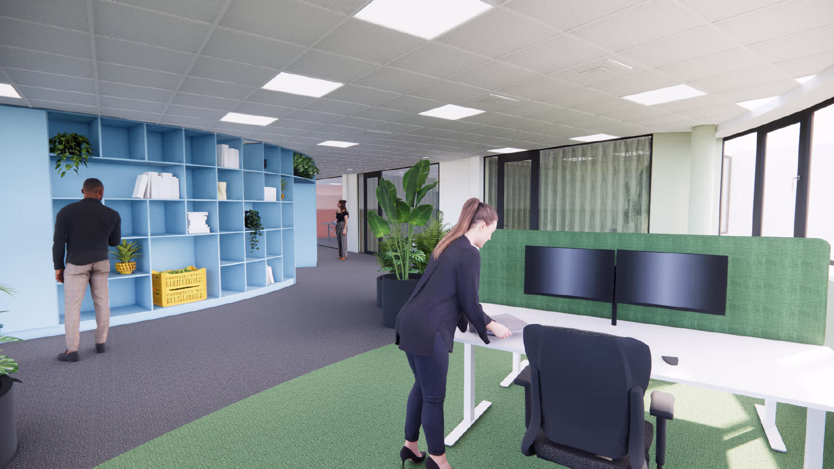 Zakelijk interieur ontwerp met open werkplekken in Rotterdam. Projectinrichting kantoormeubilair