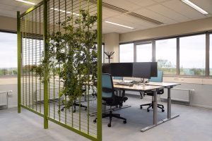 Moderne werkplekken in projectinrichting met functionele indeling en inspirerende kleuren