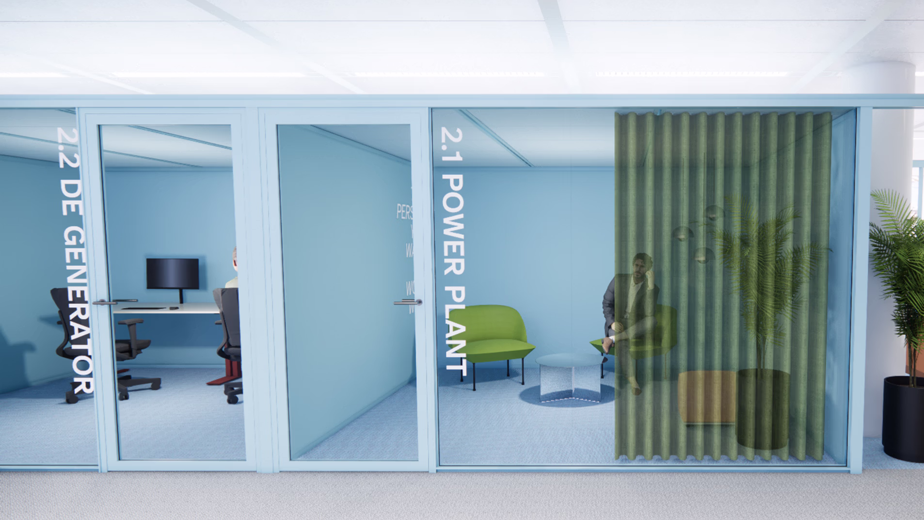 Zakelijk interieur ontwerp voor kantoorruimte met concentratie werkplekken en verhoging welzijn