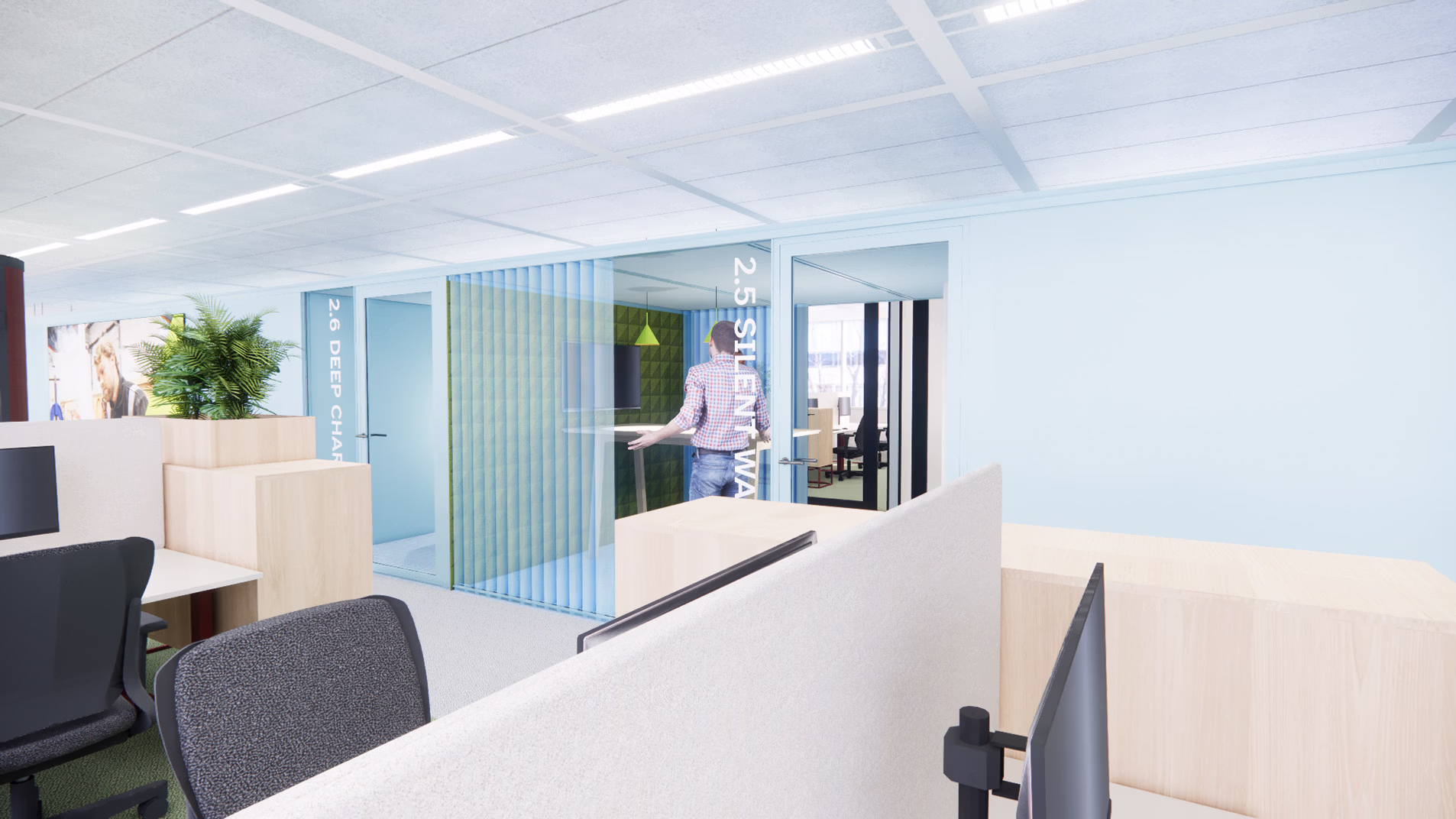 Inrichting kantoor met ergonomische werkplekken en kleurrijk ontwerp