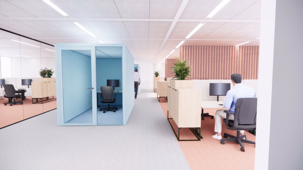 Kantoorinrichting met maatwerkmeubilair en kleuren die samenwerking en innovatie stimuleren.