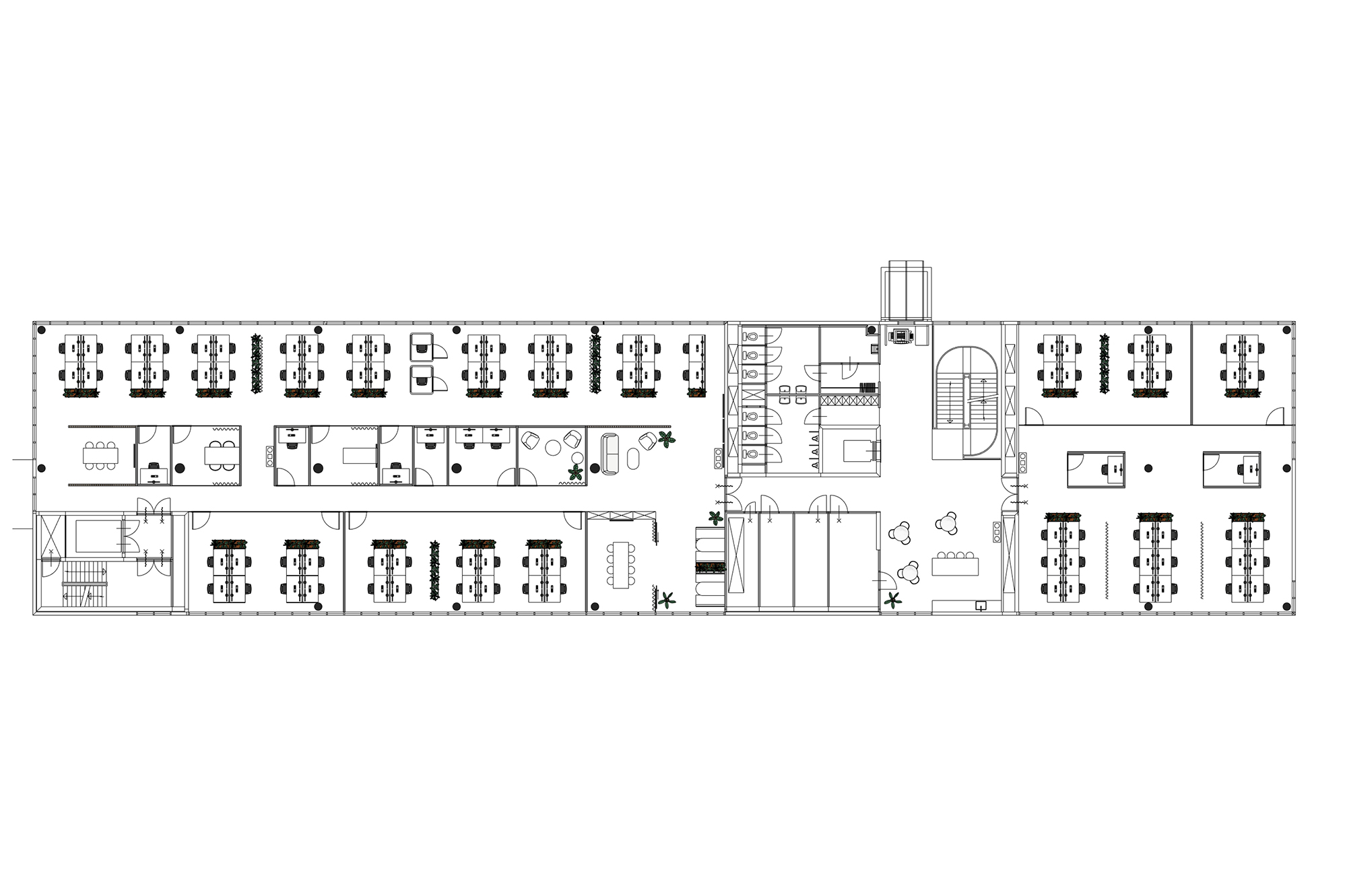 Professioneel indelingsplan en test-fit voor een nieuw kantoorpand met werkplekken, vergaderruimtes, focusruimtes, ontmoetingsplekken en voorzieningen overzichtelijk weergegeven. Plattegrond van een moderne kantoorinrichting gericht op efficiënt ruimtegebruik, samenwerking en employee wellbeing. Inspiratie voor ondernemers die een nieuw kantoor zoeken of een werkomgeving strategisch willen inrichten door We are MOSO.