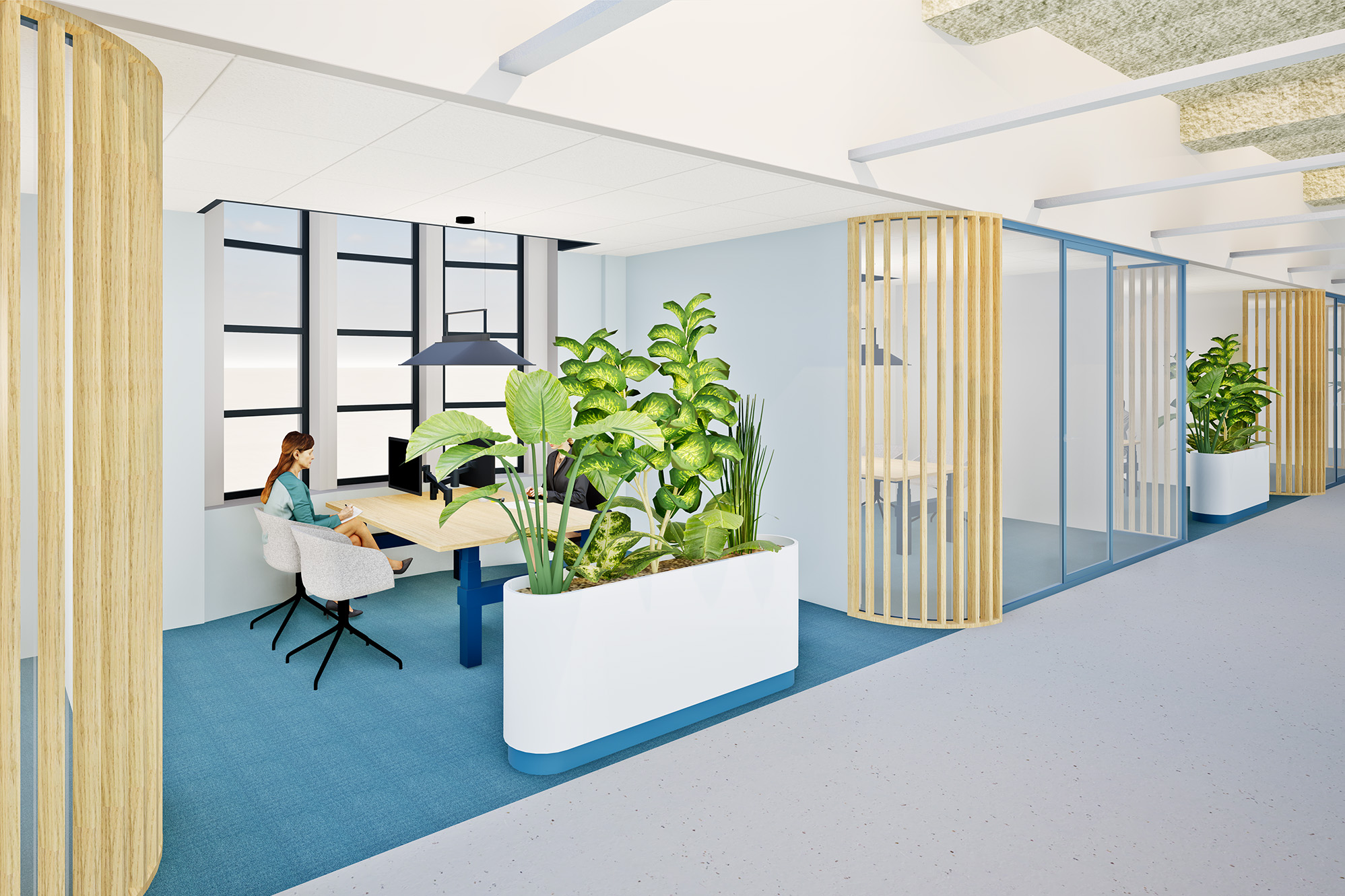 Open kantoorruimte met werkplekken, glazen wanden, houten roomdividers en grote planten