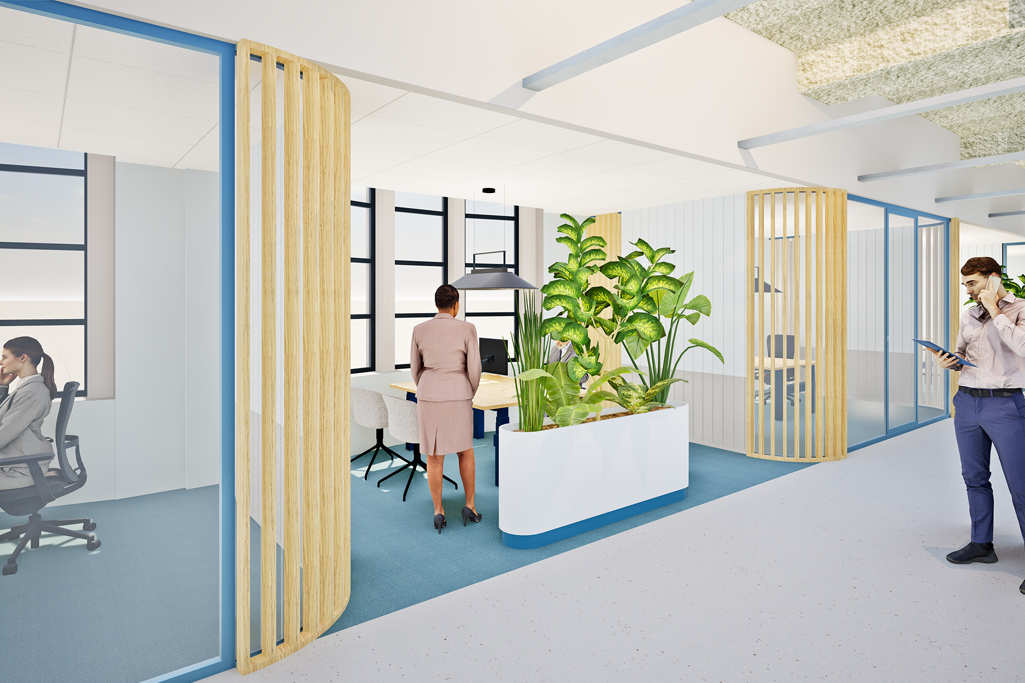 Kantoorinterieur met houten werktafel, glazen vergaderruimte en groene beplanting