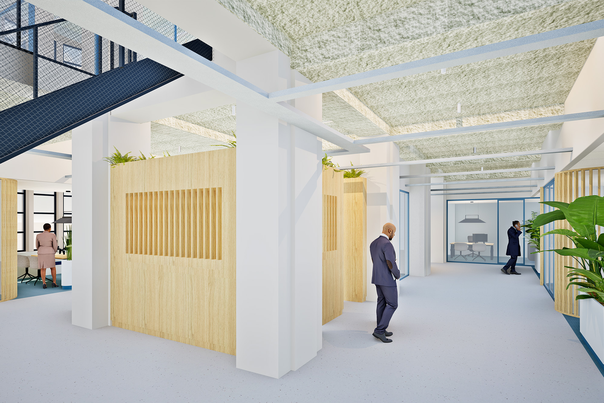 Open kantoorruimte met houten maatwerk, glazen wanden, planten en informele werkplekken