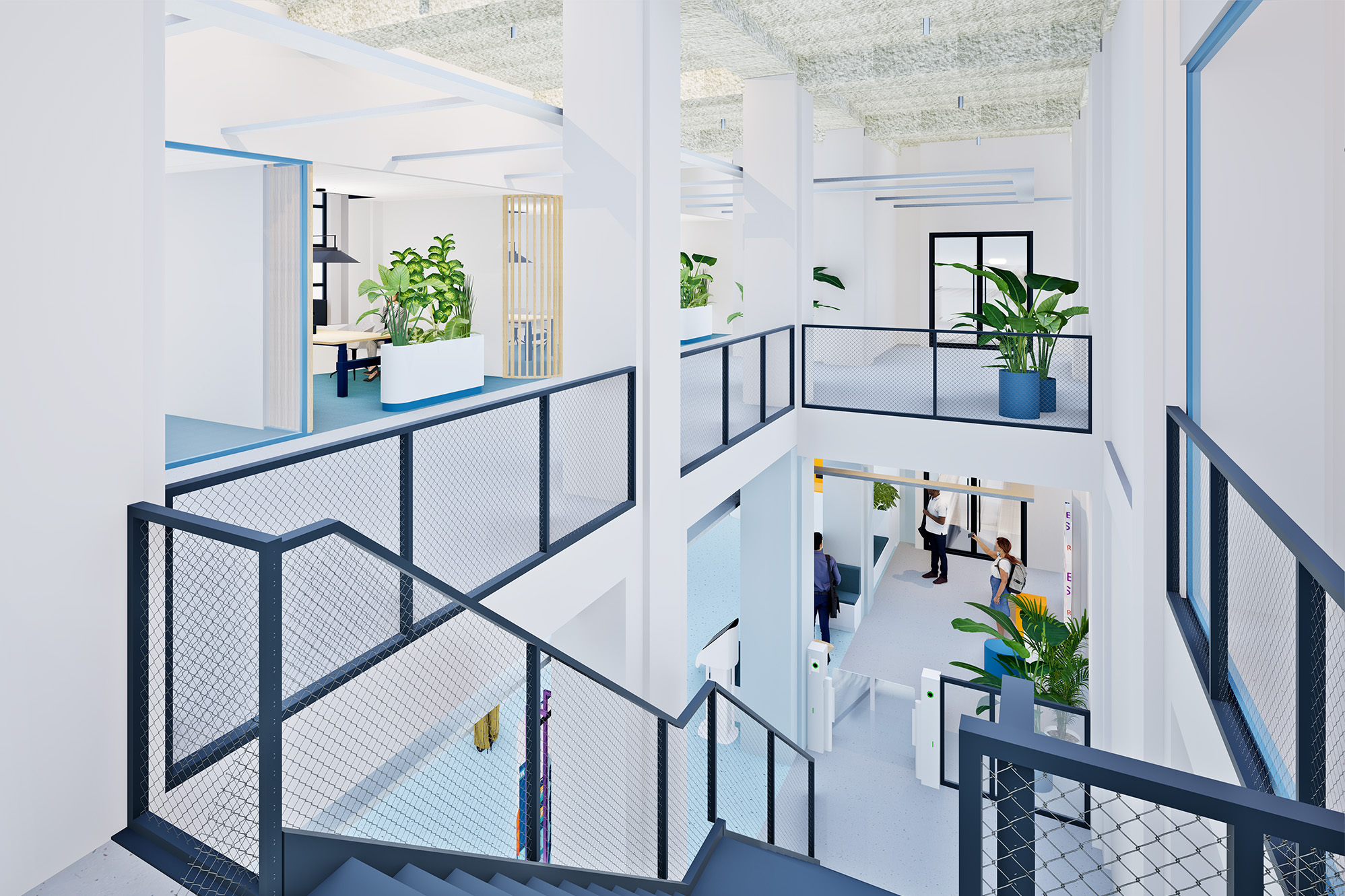 Kantoorinterieur van KVK Den Haag met trap, groene beplanting, houten afscheidingen en open werkruimtes