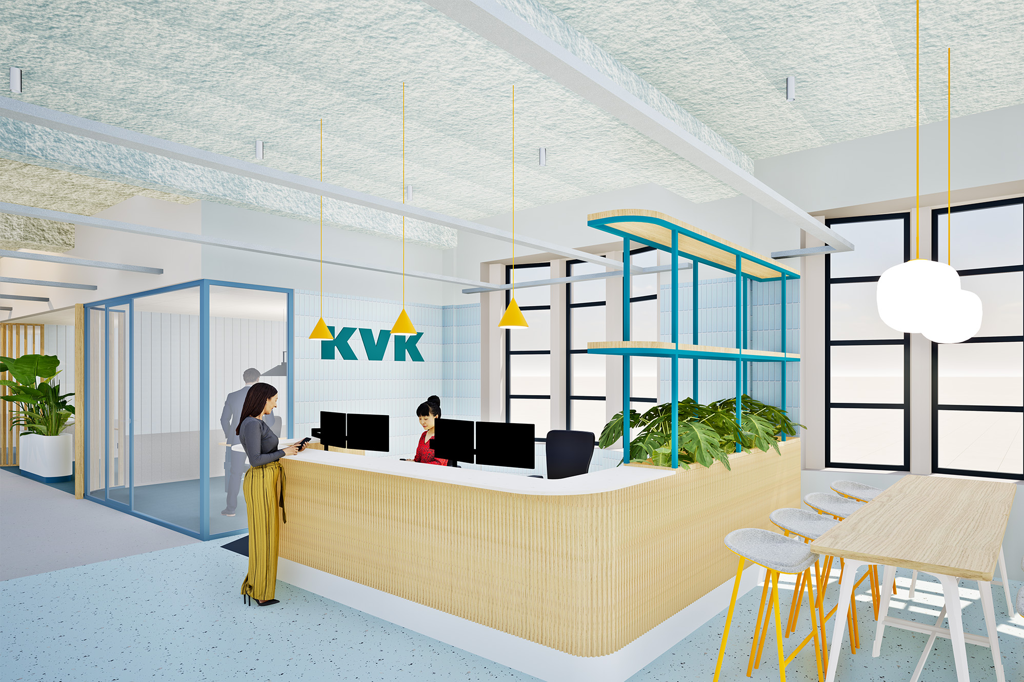 KVK ontvangstbalie met houten front, werkplekken, gele verlichting en een groene plantenwand