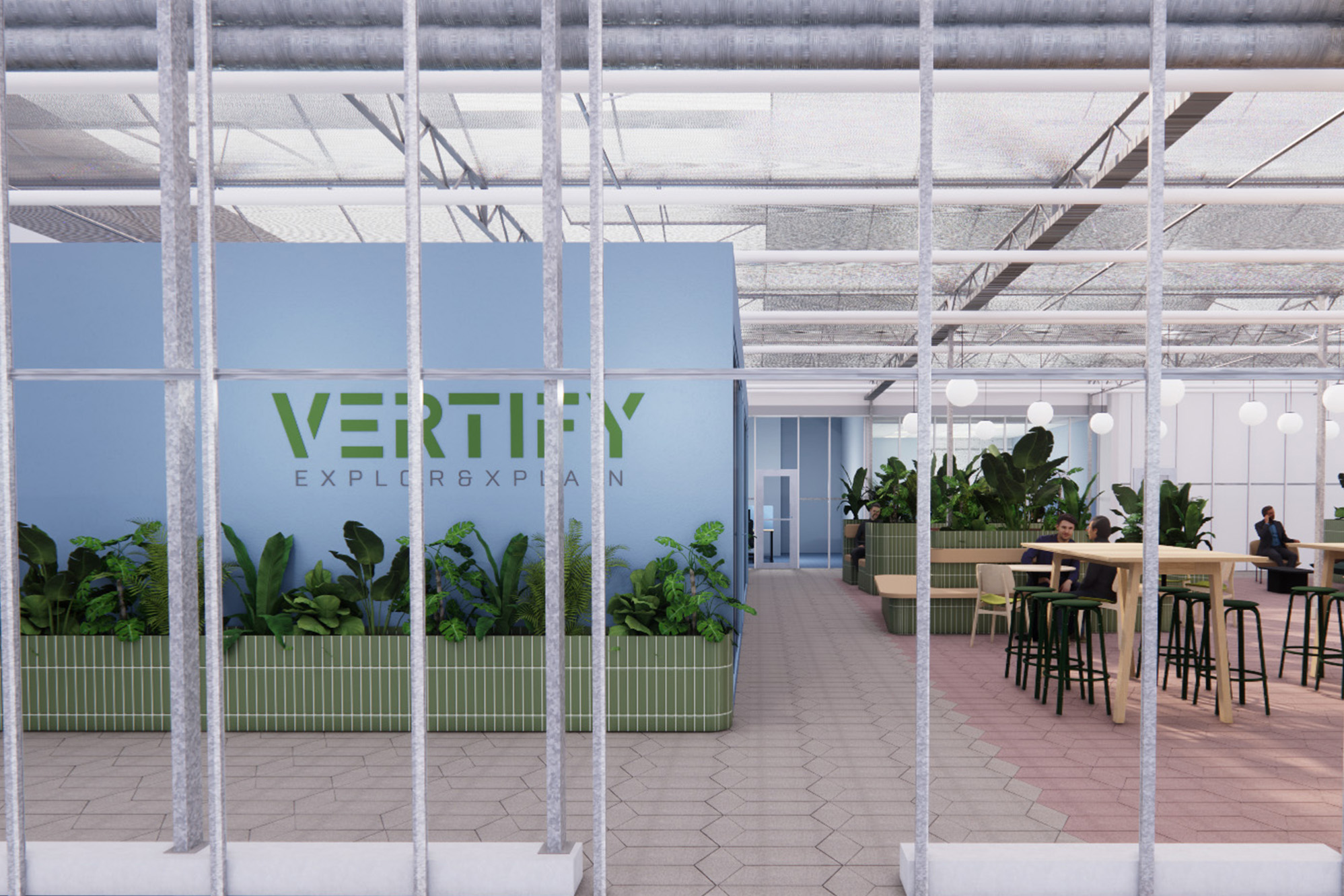Entree van het Vertify kantoor met een open kantooromgeving, veel groen en informele zitplekken voor ontmoeting en ontvangst
