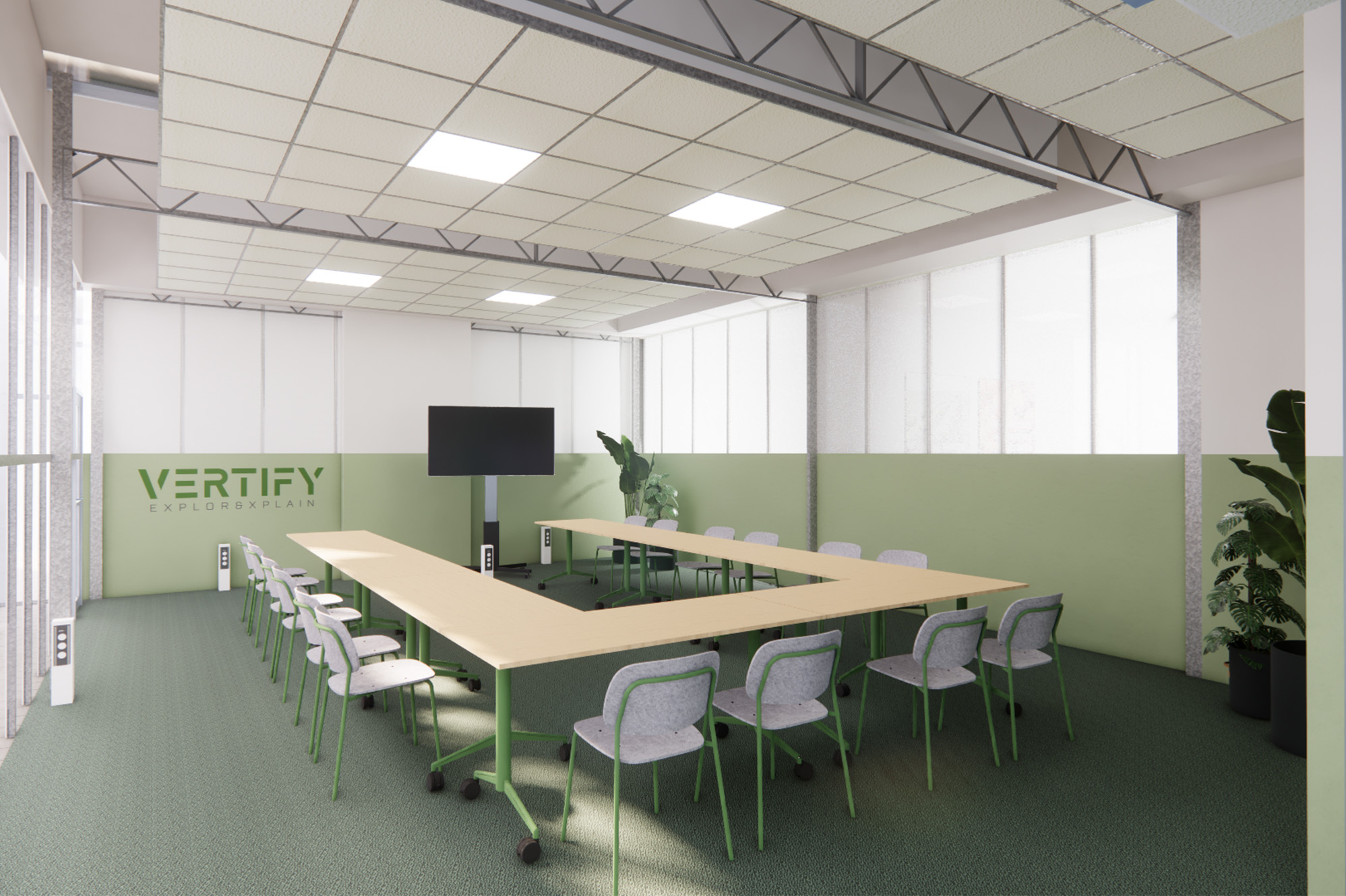 Groene overlegruimte in het nieuwe kantoor van Vertify, ingericht met flexibele vergadertafels en stoelen voor samenwerken en overleg