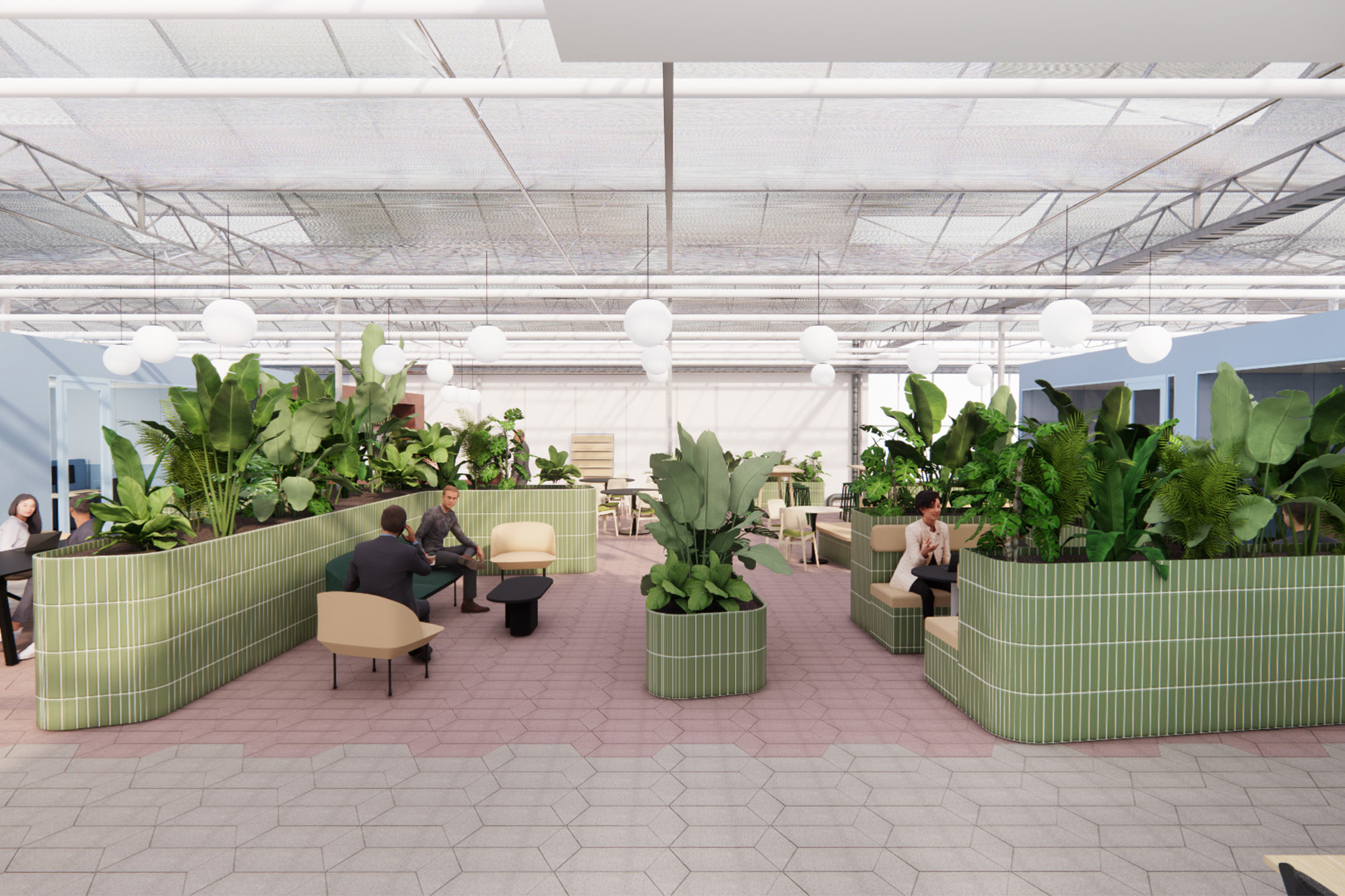 Open kantoorruimte van Vertify met groene plantenbakken, zitplekken en werktafels die zorgen voor een uitnodigende en ruimtelijke entree
