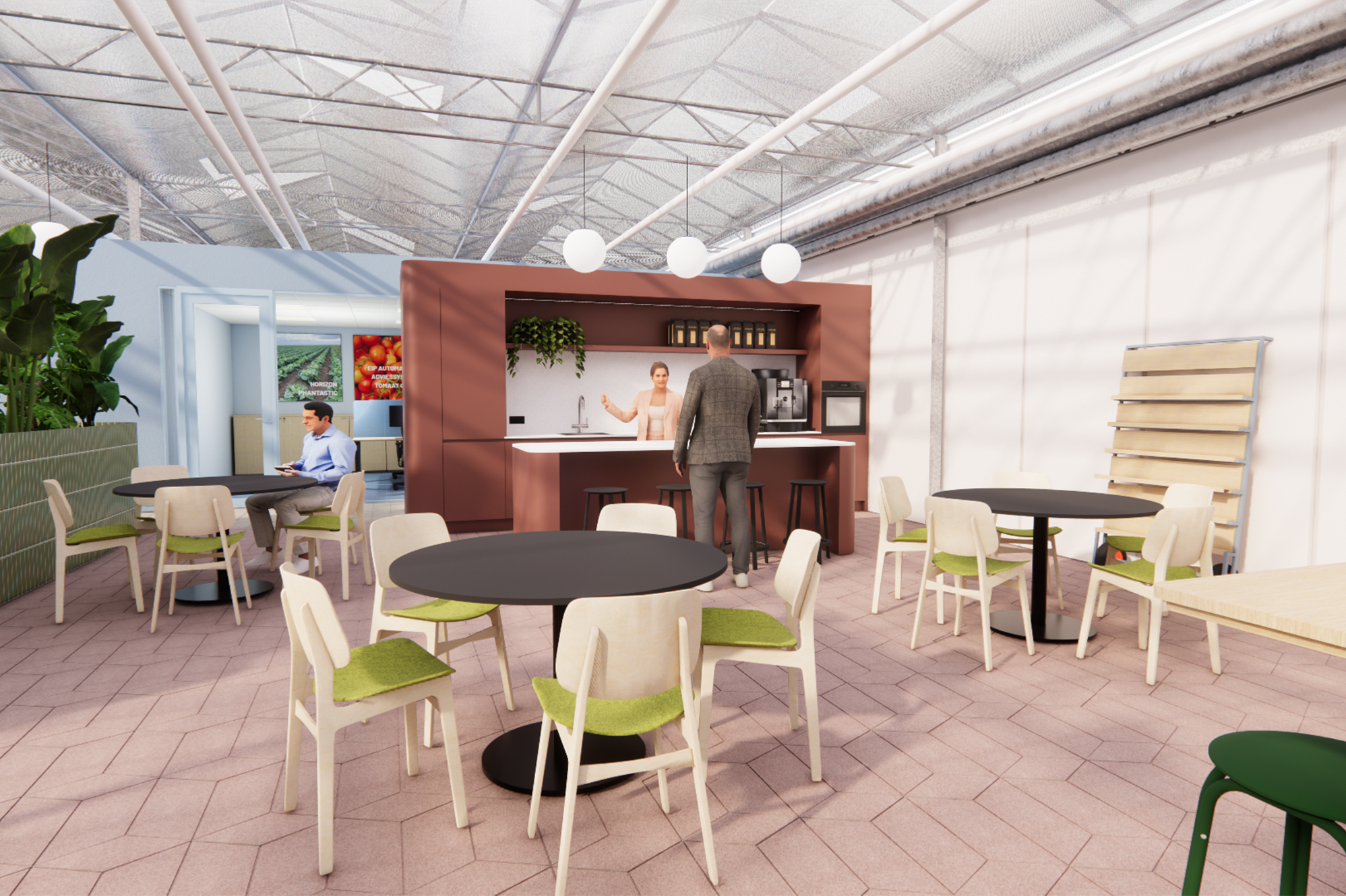 Pantry en koffiebar in het Vertify kantoor met een informele ontmoetingsplek, hoge barzitplaatsen en verschillende tafels voor pauzeren en samenwerken