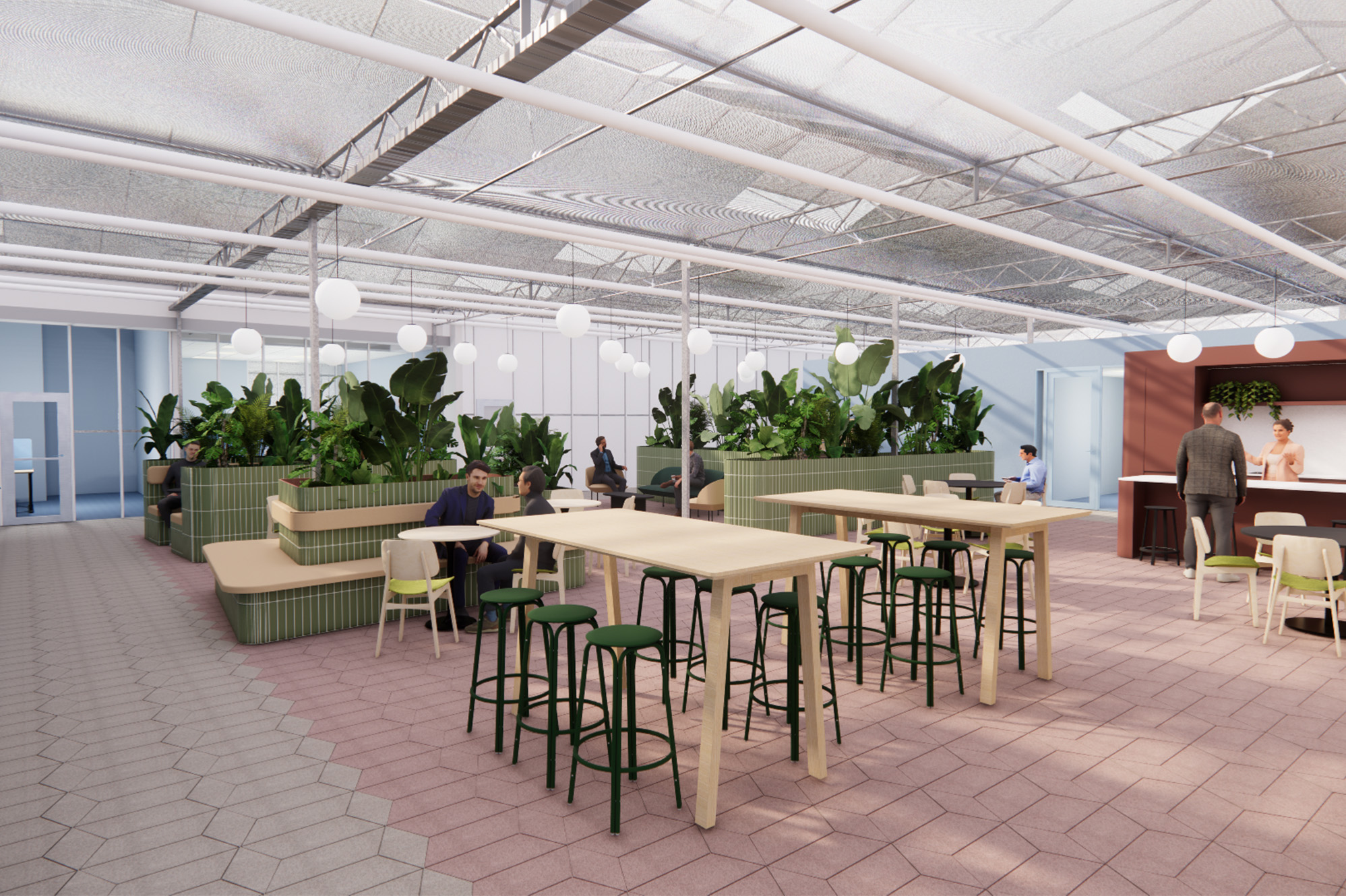 Groene zone in het Vertify kantoor met informele zitplekken, hoge werktafels en grote plantenbakken die ruimte bieden voor overleg en ontmoeting