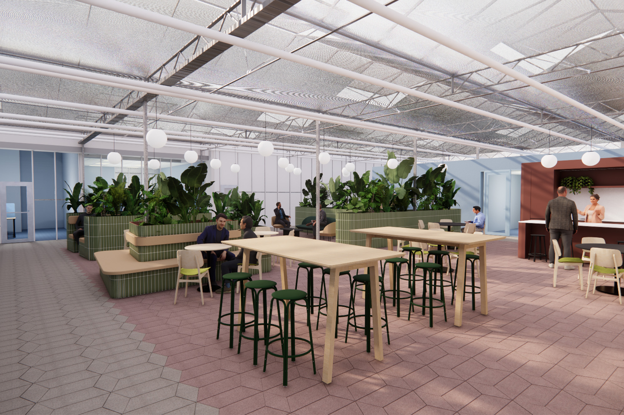 Informele ontmoetingsruimte in het Vertify kantoor met hoge houten tafels, groene krukken en verschillende zitplekken voor overleg en contact tussen medewerkers