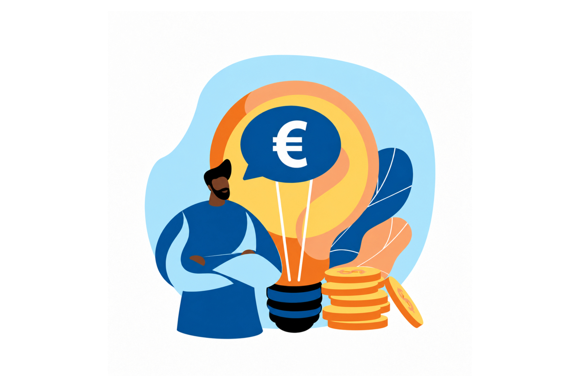 Illustratie van een man naast een grote gloeilamp met euroteken en een stapel munten, in de huisstijlkleuren van we are MOSO.