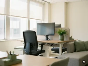 Ergonomische werkplek met verstelbare stoel, monitor op ooghoogte, natuurlijk daglicht en een kleine plant op een opgeruimd bureau.